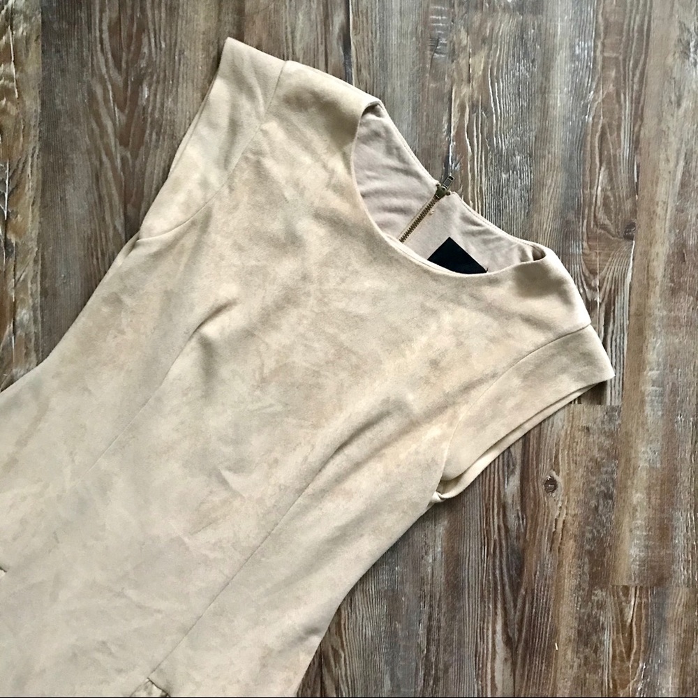 Greylin Nude Faux Suede Saulina Neutral Short Sleeve Minimalist Dress - Picture 2 of 5
